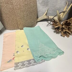 Elegant Vintage Tea Towels-Mint Green, Pink, Yellow. Embroidered Skirt